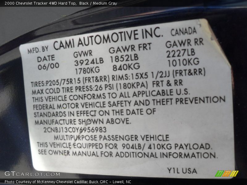 Black / Medium Gray 2000 Chevrolet Tracker 4WD Hard Top