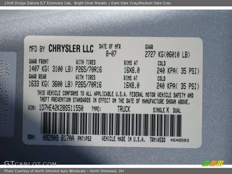 Bright Silver Metallic / Dark Slate Gray/Medium Slate Gray 2008 Dodge Dakota SLT Extended Cab