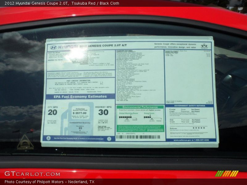  2012 Genesis Coupe 2.0T Window Sticker
