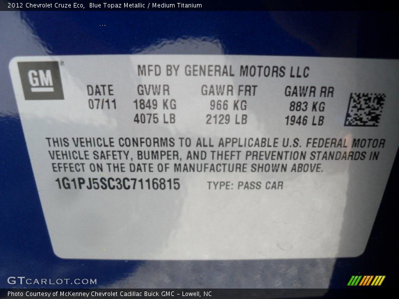 Blue Topaz Metallic / Medium Titanium 2012 Chevrolet Cruze Eco