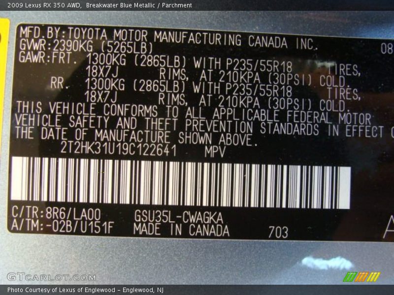 Breakwater Blue Metallic / Parchment 2009 Lexus RX 350 AWD