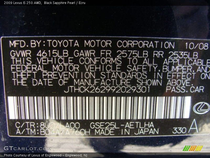 Black Sapphire Pearl / Ecru 2009 Lexus IS 250 AWD