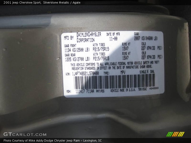 Silverstone Metallic / Agate 2001 Jeep Cherokee Sport