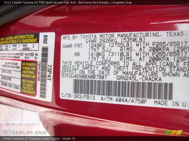 Barcelona Red Metallic / Graphite Gray 2011 Toyota Tacoma V6 TRD Sport Access Cab 4x4