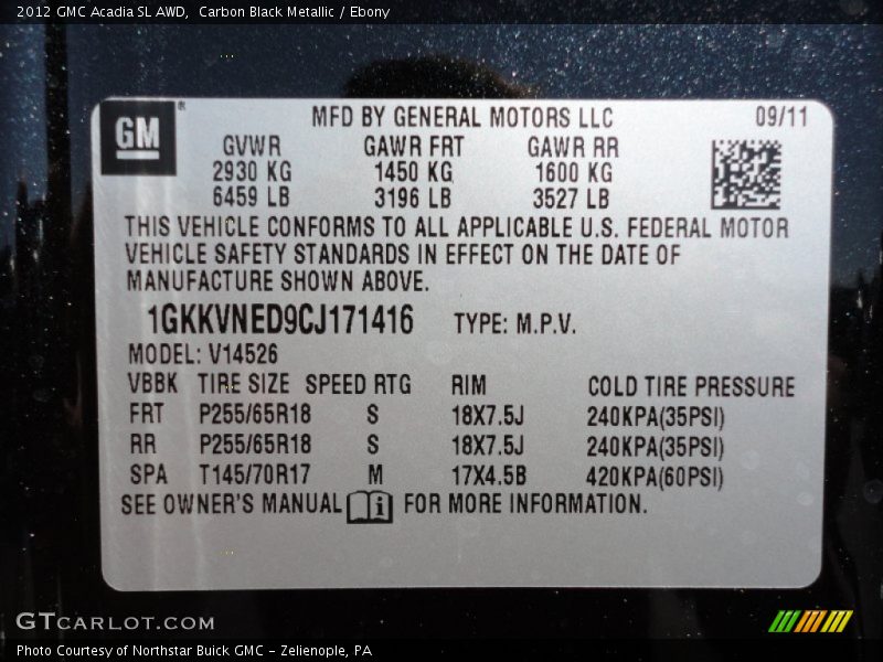 Carbon Black Metallic / Ebony 2012 GMC Acadia SL AWD