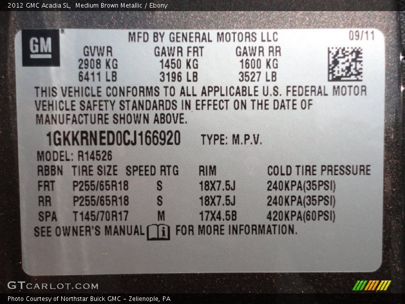 Medium Brown Metallic / Ebony 2012 GMC Acadia SL