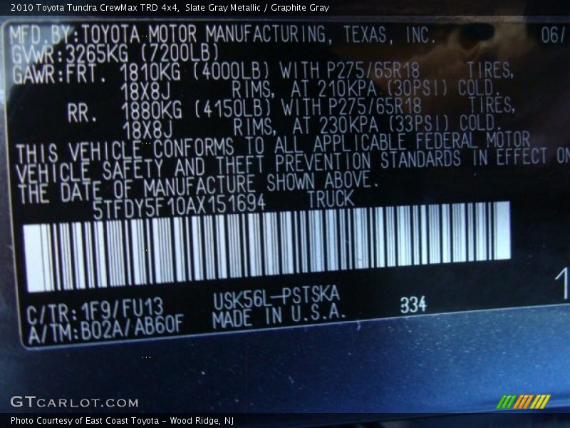 Slate Gray Metallic / Graphite Gray 2010 Toyota Tundra CrewMax TRD 4x4