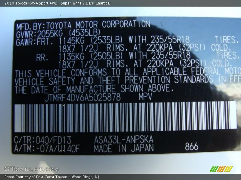 Super White / Dark Charcoal 2010 Toyota RAV4 Sport 4WD