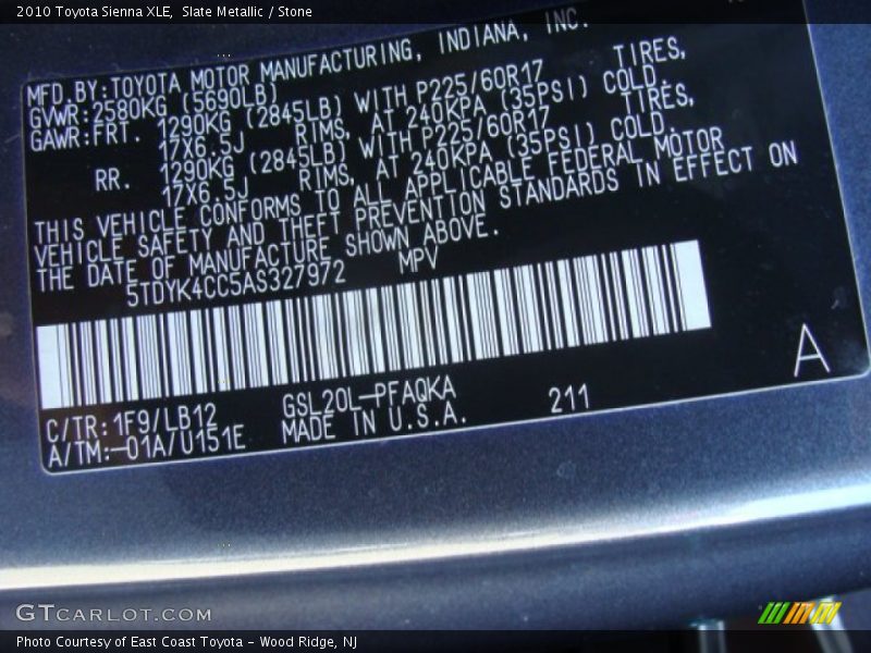 Slate Metallic / Stone 2010 Toyota Sienna XLE