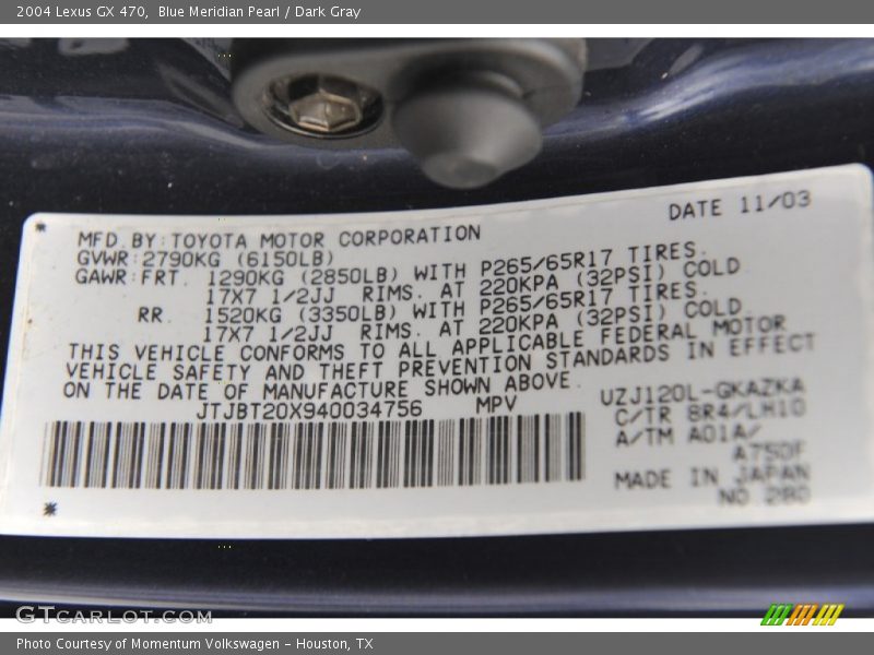 Blue Meridian Pearl / Dark Gray 2004 Lexus GX 470