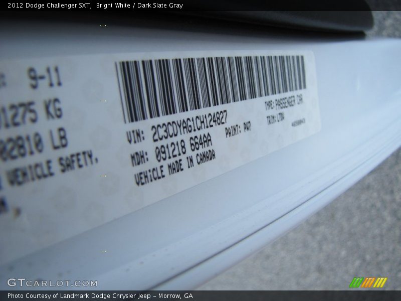 Bright White / Dark Slate Gray 2012 Dodge Challenger SXT