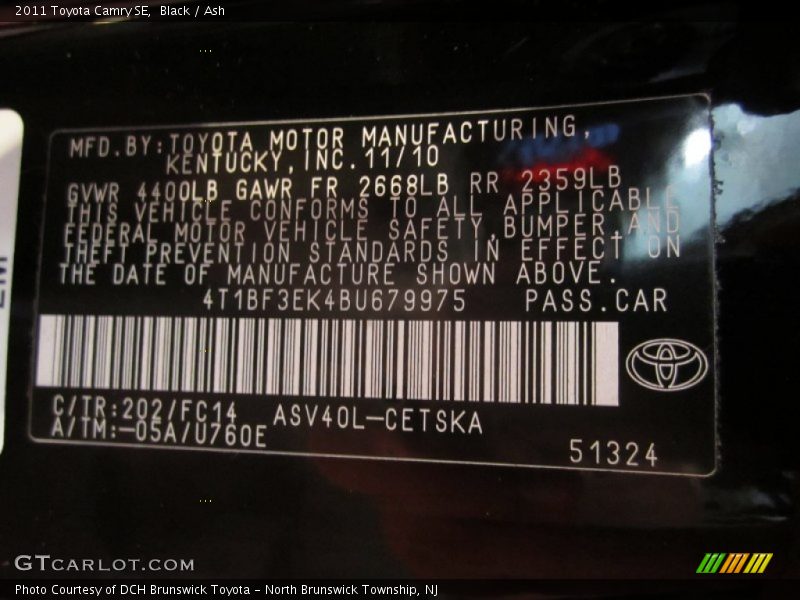 Black / Ash 2011 Toyota Camry SE