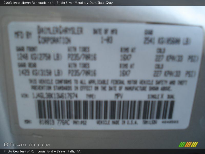 Bright Silver Metallic / Dark Slate Gray 2003 Jeep Liberty Renegade 4x4