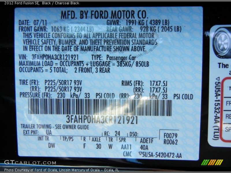 Black / Charcoal Black 2012 Ford Fusion SE