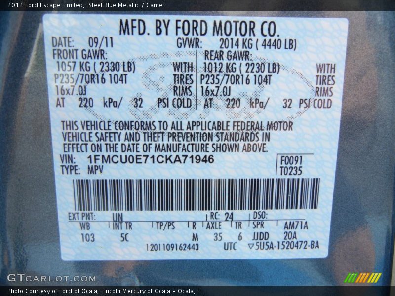 2012 Escape Limited Steel Blue Metallic Color Code UN