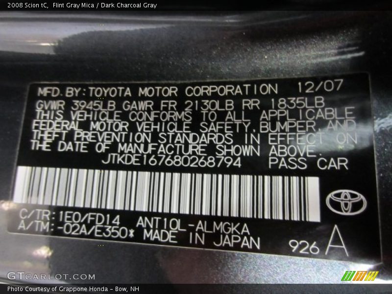 Flint Gray Mica / Dark Charcoal Gray 2008 Scion tC