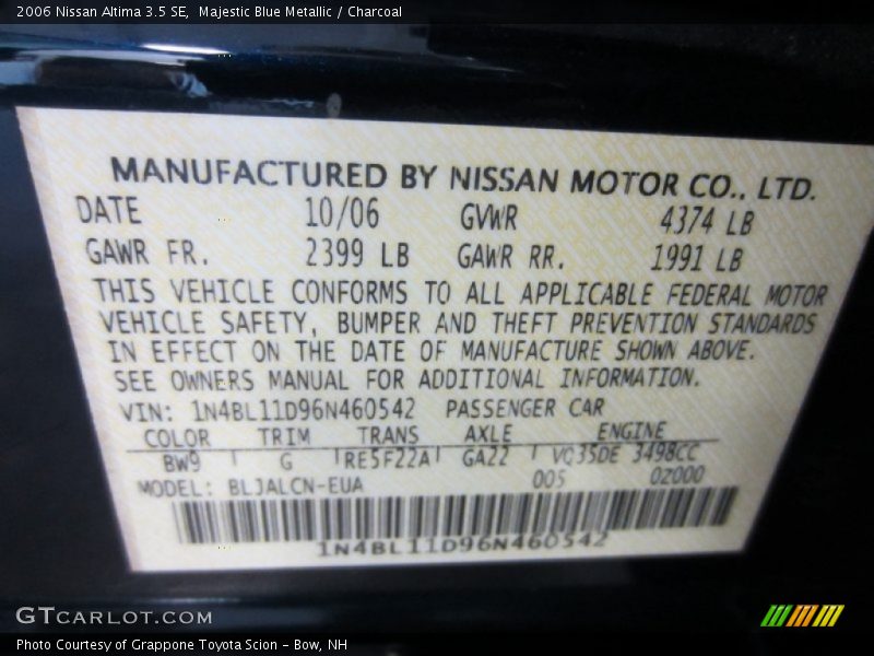 Majestic Blue Metallic / Charcoal 2006 Nissan Altima 3.5 SE