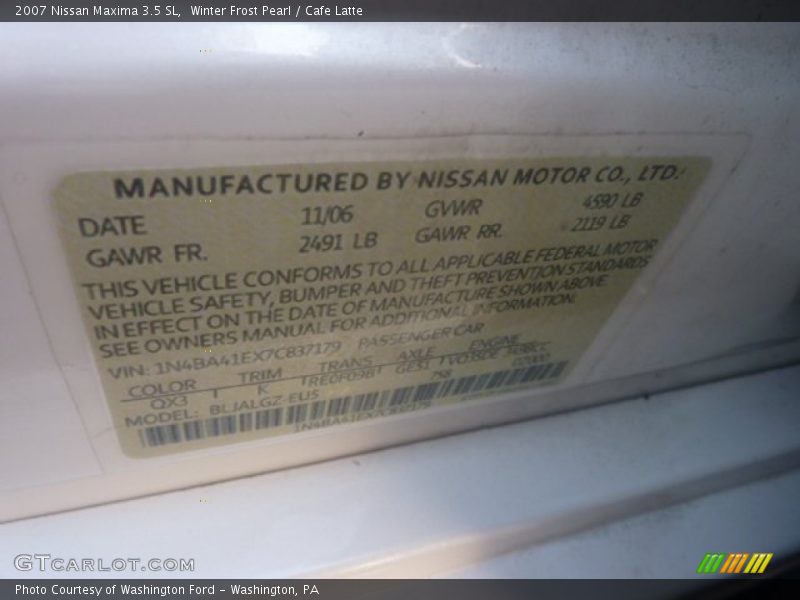 Winter Frost Pearl / Cafe Latte 2007 Nissan Maxima 3.5 SL