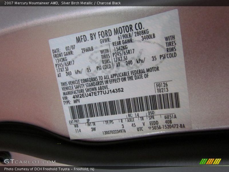 Silver Birch Metallic / Charcoal Black 2007 Mercury Mountaineer AWD