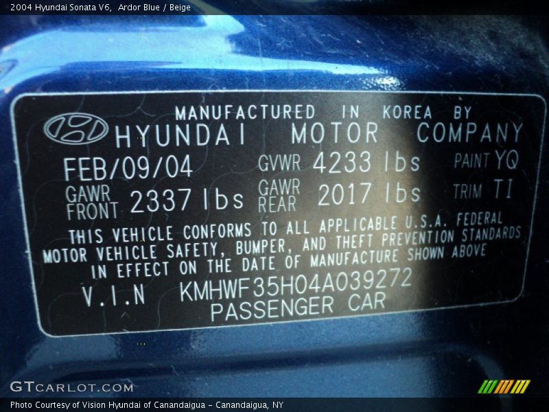 Ardor Blue / Beige 2004 Hyundai Sonata V6