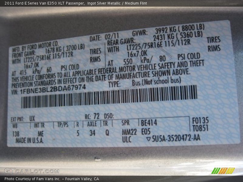 2011 E Series Van E350 XLT Passenger Ingot Silver Metallic Color Code UX