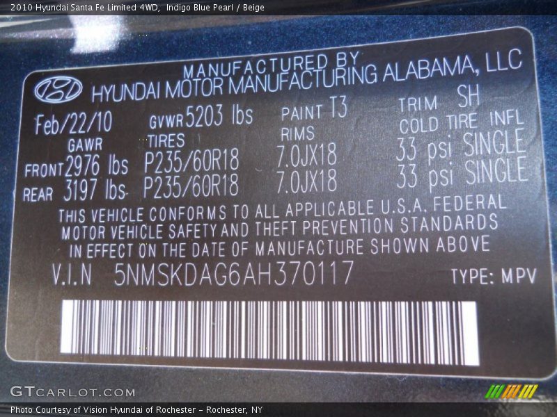 Indigo Blue Pearl / Beige 2010 Hyundai Santa Fe Limited 4WD