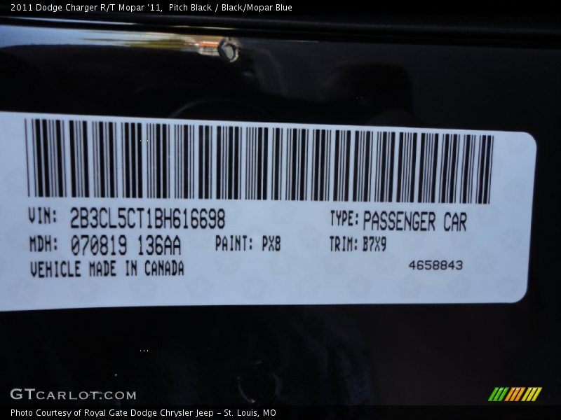 2011 Charger R/T Mopar '11 Pitch Black Color Code PX8