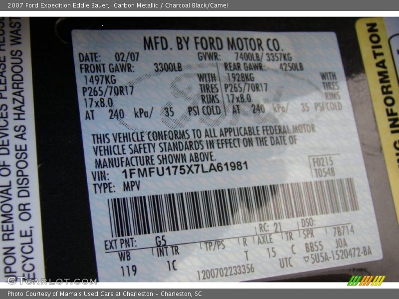 Carbon Metallic / Charcoal Black/Camel 2007 Ford Expedition Eddie Bauer