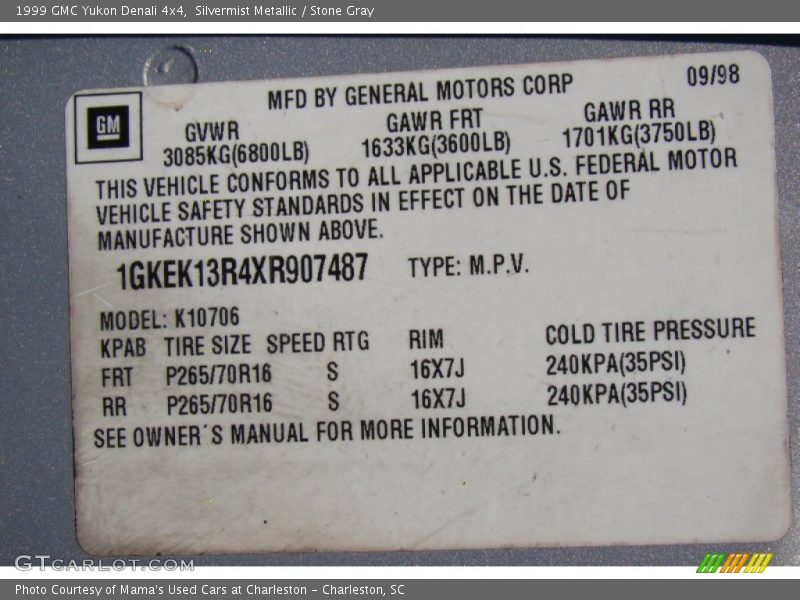 Silvermist Metallic / Stone Gray 1999 GMC Yukon Denali 4x4