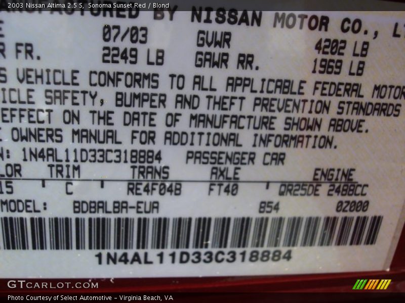 Sonoma Sunset Red / Blond 2003 Nissan Altima 2.5 S