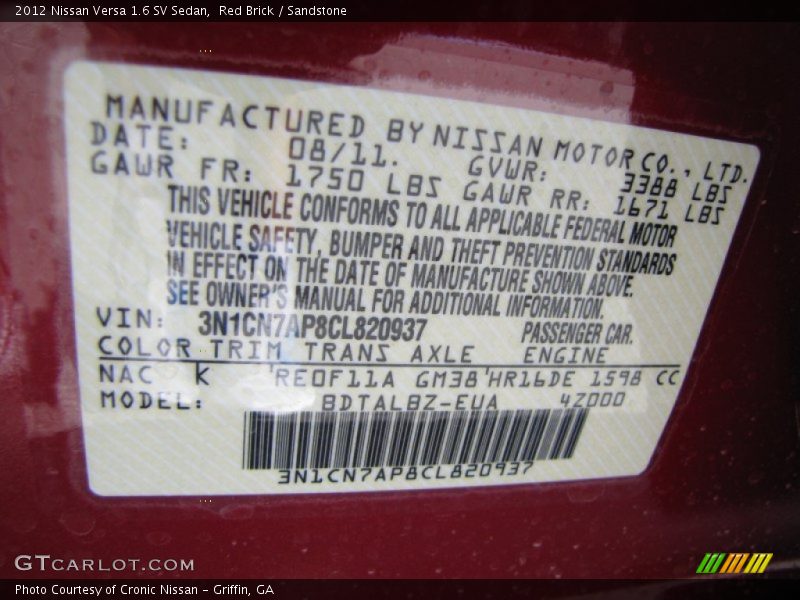 2012 Versa 1.6 SV Sedan Red Brick Color Code NAC