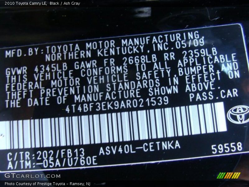 Black / Ash Gray 2010 Toyota Camry LE