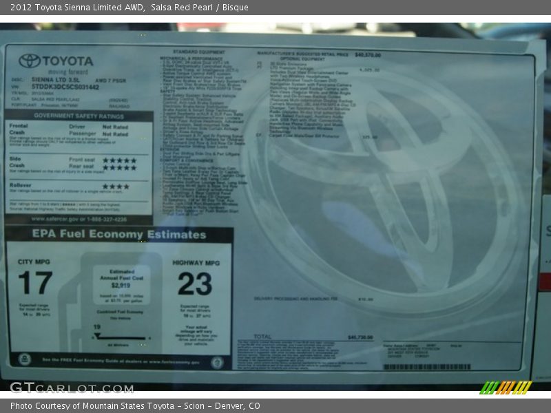  2012 Sienna Limited AWD Window Sticker