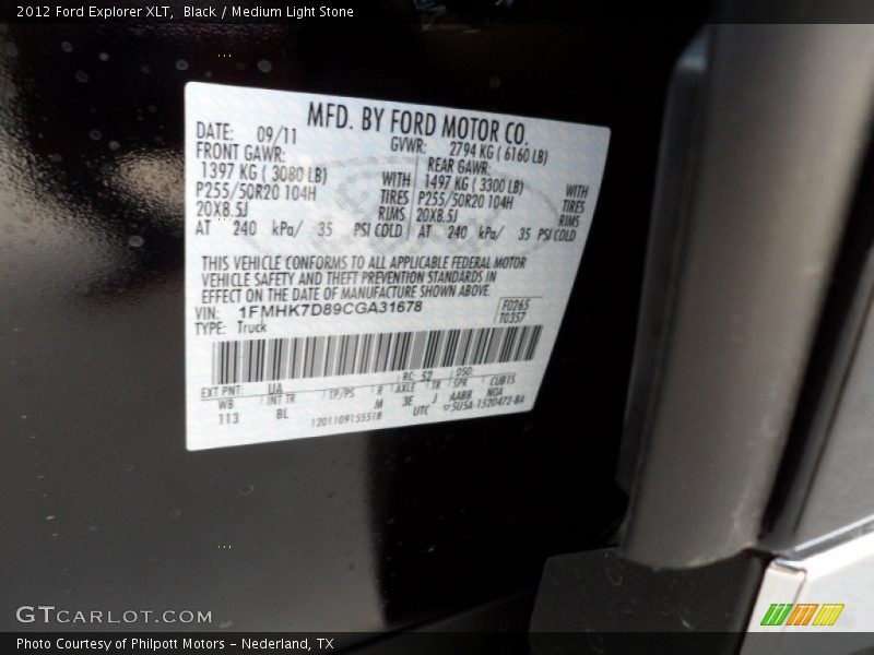 Black / Medium Light Stone 2012 Ford Explorer XLT