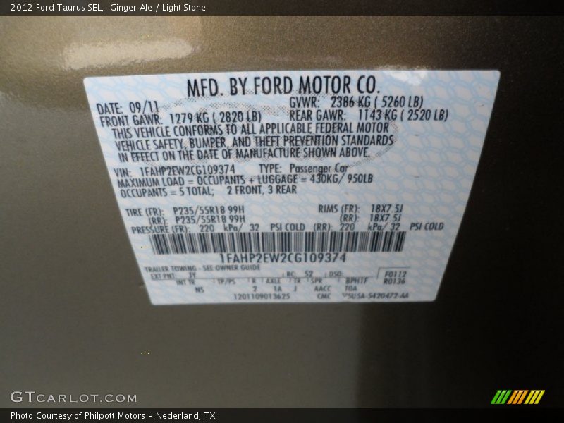 2012 Taurus SEL Ginger Ale Color Code JY
