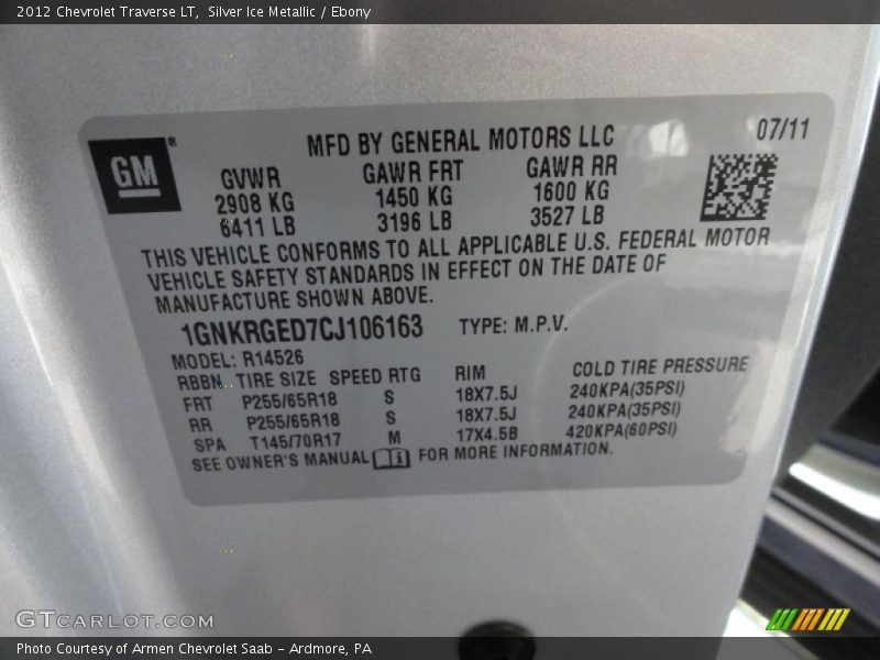 Silver Ice Metallic / Ebony 2012 Chevrolet Traverse LT