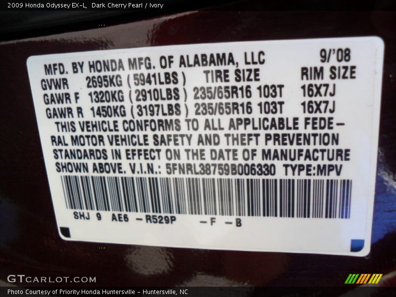 Dark Cherry Pearl / Ivory 2009 Honda Odyssey EX-L