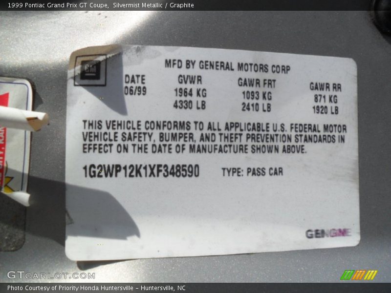 Silvermist Metallic / Graphite 1999 Pontiac Grand Prix GT Coupe