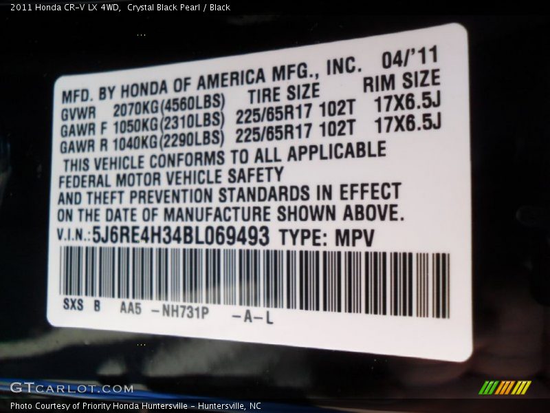 Crystal Black Pearl / Black 2011 Honda CR-V LX 4WD