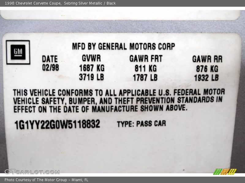 Info Tag of 1998 Corvette Coupe