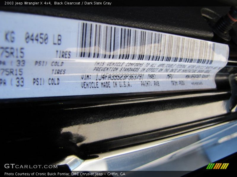 Black Clearcoat / Dark Slate Gray 2003 Jeep Wrangler X 4x4