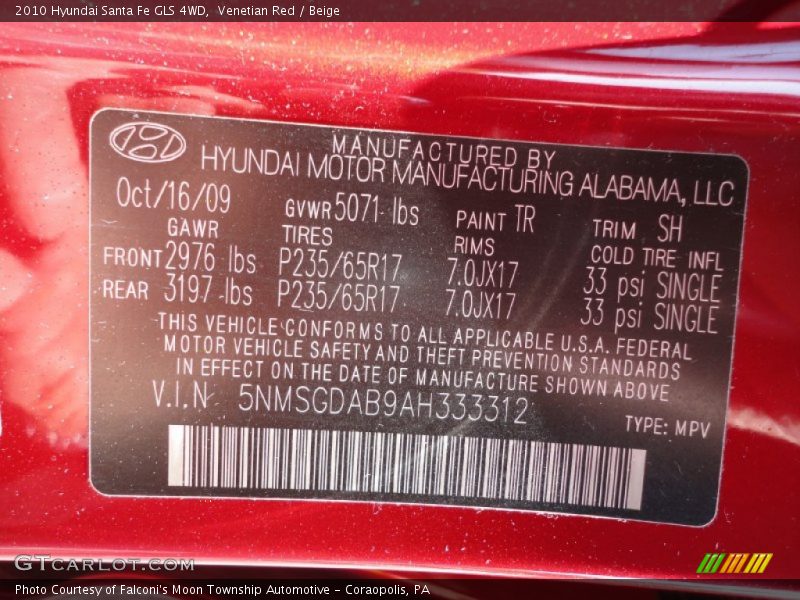 Venetian Red / Beige 2010 Hyundai Santa Fe GLS 4WD