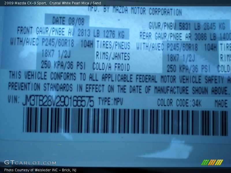 Crystal White Pearl Mica / Sand 2009 Mazda CX-9 Sport