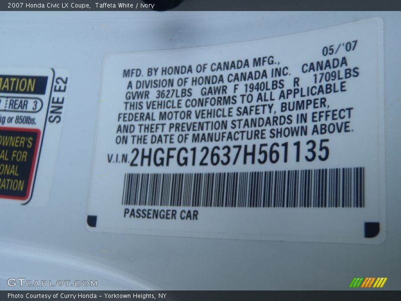 Taffeta White / Ivory 2007 Honda Civic LX Coupe