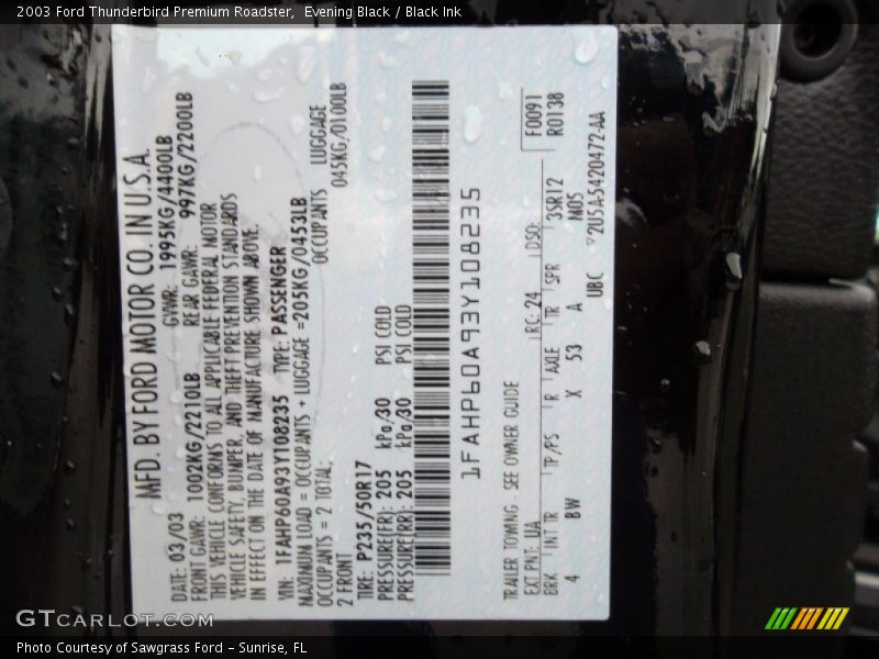 2003 Thunderbird Premium Roadster Evening Black Color Code UA
