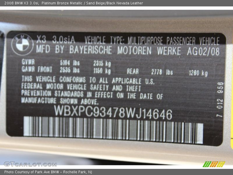 Platinum Bronze Metallic / Sand Beige/Black Nevada Leather 2008 BMW X3 3.0si