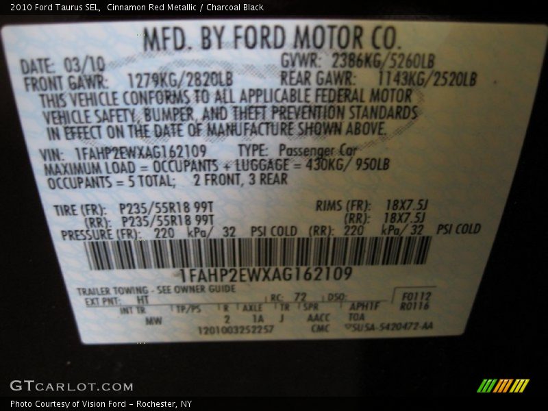 Cinnamon Red Metallic / Charcoal Black 2010 Ford Taurus SEL