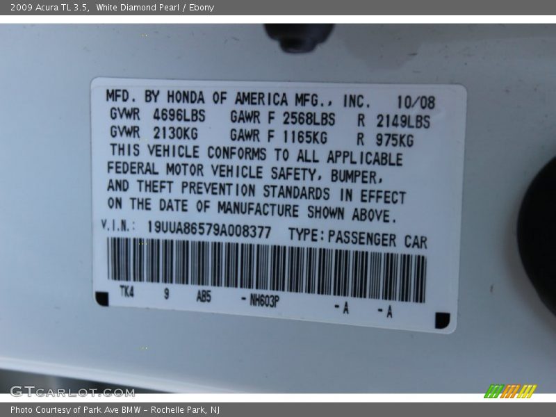 White Diamond Pearl / Ebony 2009 Acura TL 3.5