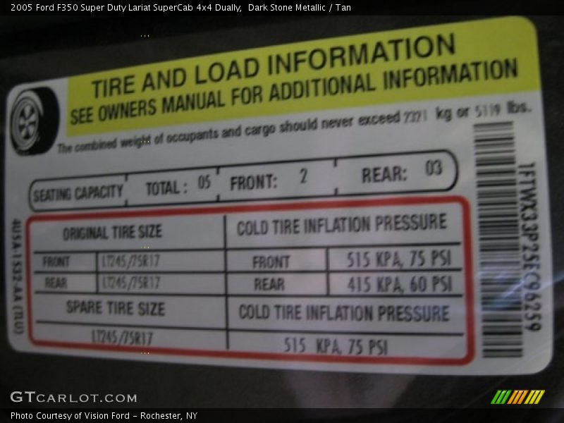 Info Tag of 2005 F350 Super Duty Lariat SuperCab 4x4 Dually