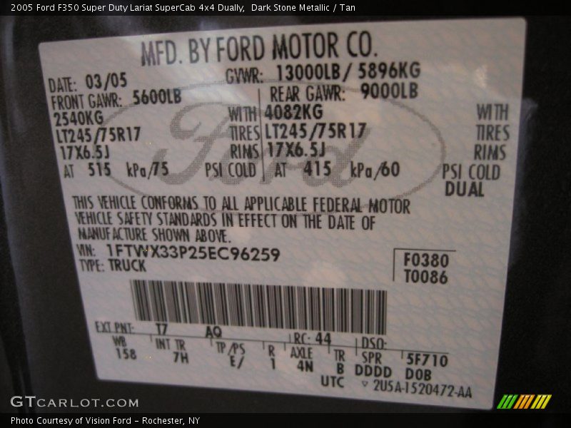 2005 F350 Super Duty Lariat SuperCab 4x4 Dually Dark Stone Metallic Color Code T7